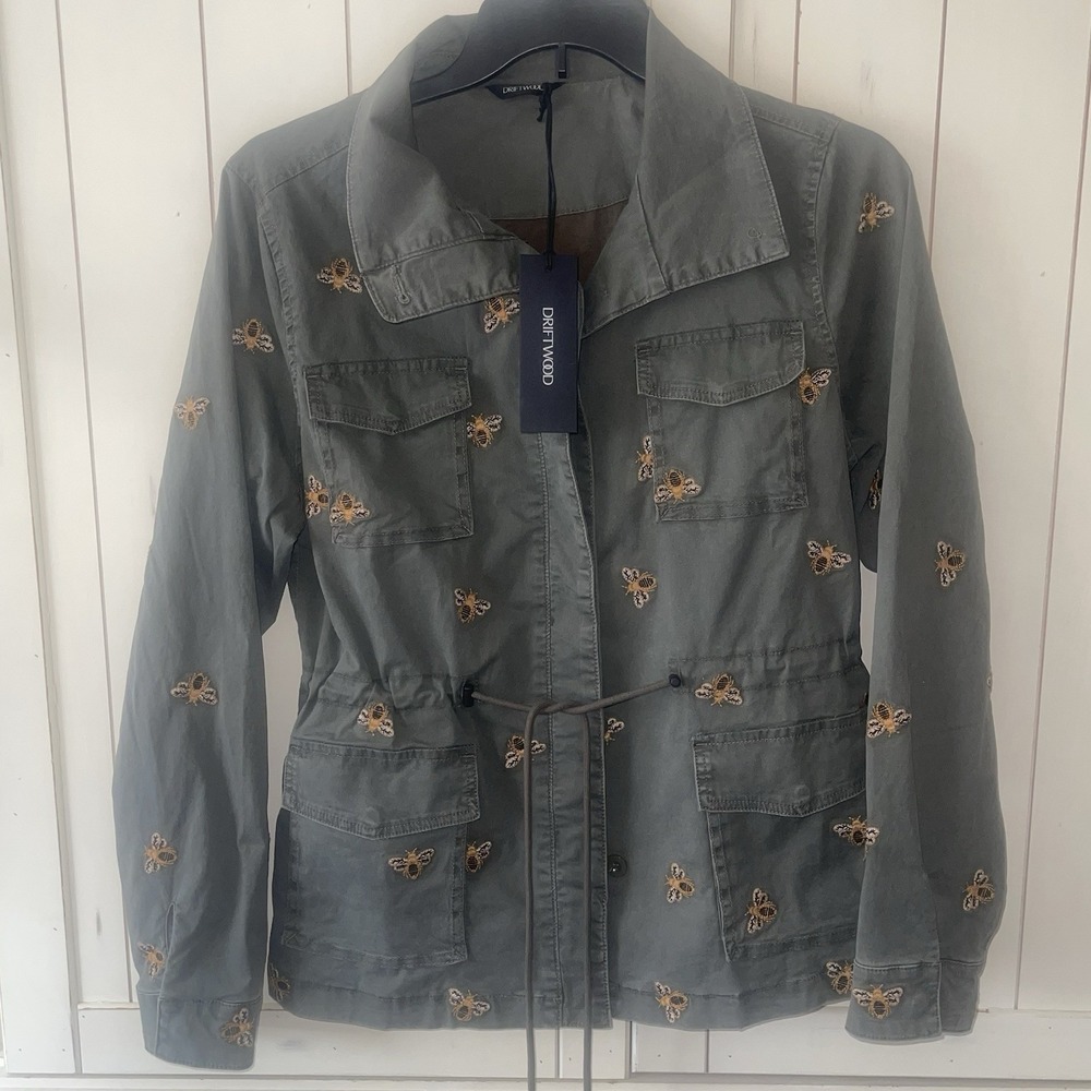NWT Driftwood Jubileo Utility Jacket Bee Embroidered Green Medium Boho Hippie